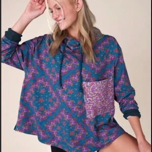 NATURAL LIFE Floral Teal and Pink Hooded Sweater